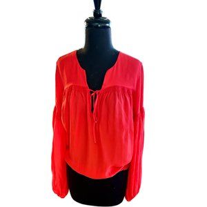 HAUTE HIPPIE Red Silk Long Sleeve Blouse With Gathered Hem Size L